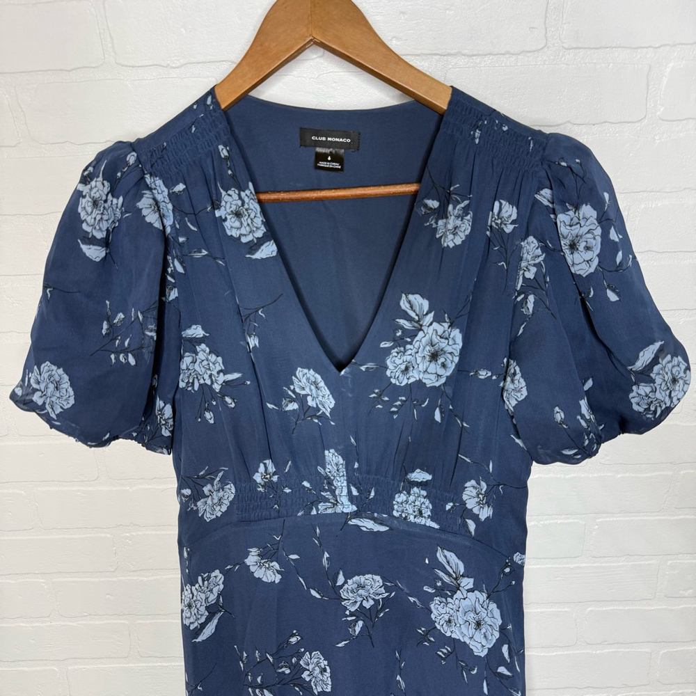 Club Monaco Silk V-Neck Puff Sleeve Dress Navy Floral sz 6 - Picture 4 of 8